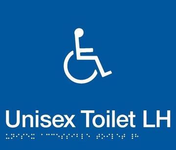 Unisex Toilet LH Braille Sign - Blue/Silver