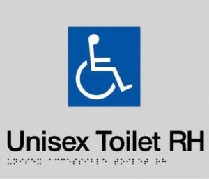 Unisex Toilet RH Braille Sign - Blue/Silver