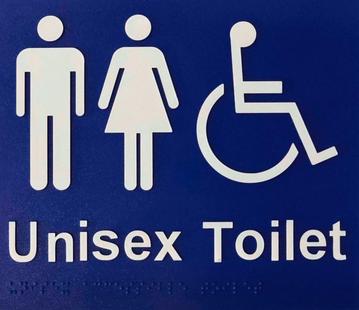 Unisex Toilet RH Braille Sign - Blue/Silver