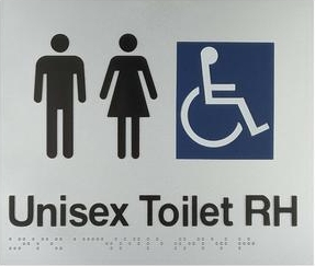 Unisex Toilet RH Braille Sign - Blue/Silver