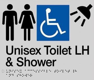 Unisex Toilet LH and Shower Braille Sign - Blue/Silver
