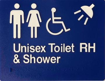 Unisex Toilet RH and Shower Braille Sign - Blue/Silver