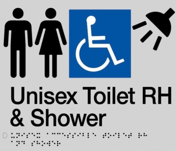 Unisex Toilet RH and Shower Braille Sign - Blue/Silver