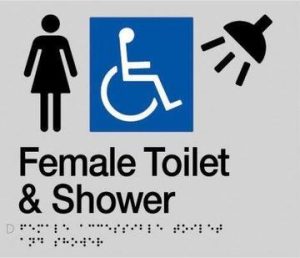 Female Toilet and Shower Braille Sign - Blue/Silver