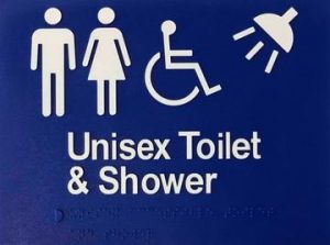 Unisex Toilet and Shower Braille Sign - Blue/Silver