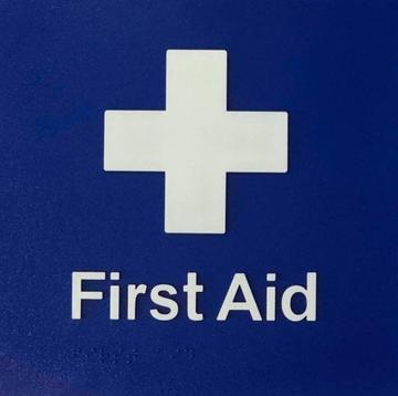 First Aid Braille Sign - Blue/Silver