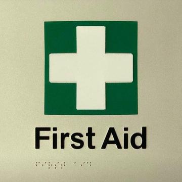 First Aid Braille Sign - Blue/Silver