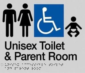 Unisex Toilet and Parent Room Braille Sign - Blue/Silver