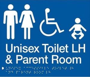 Unisex Toilet LH and Parent Room Braille Sign - Blue/Silver