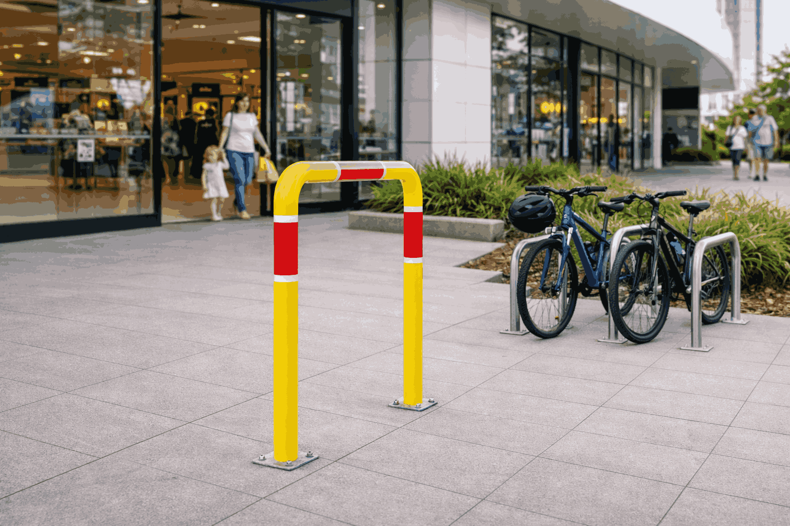 Civil Products WA shopping mall access area with pedestrian safety rails and bicycle parking racks