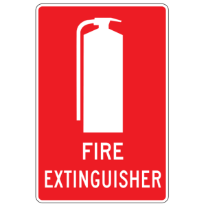 High-visibility fire safety signs indicating extinguisher locations, fire exits, and alarms in a warehouse or industrial setting