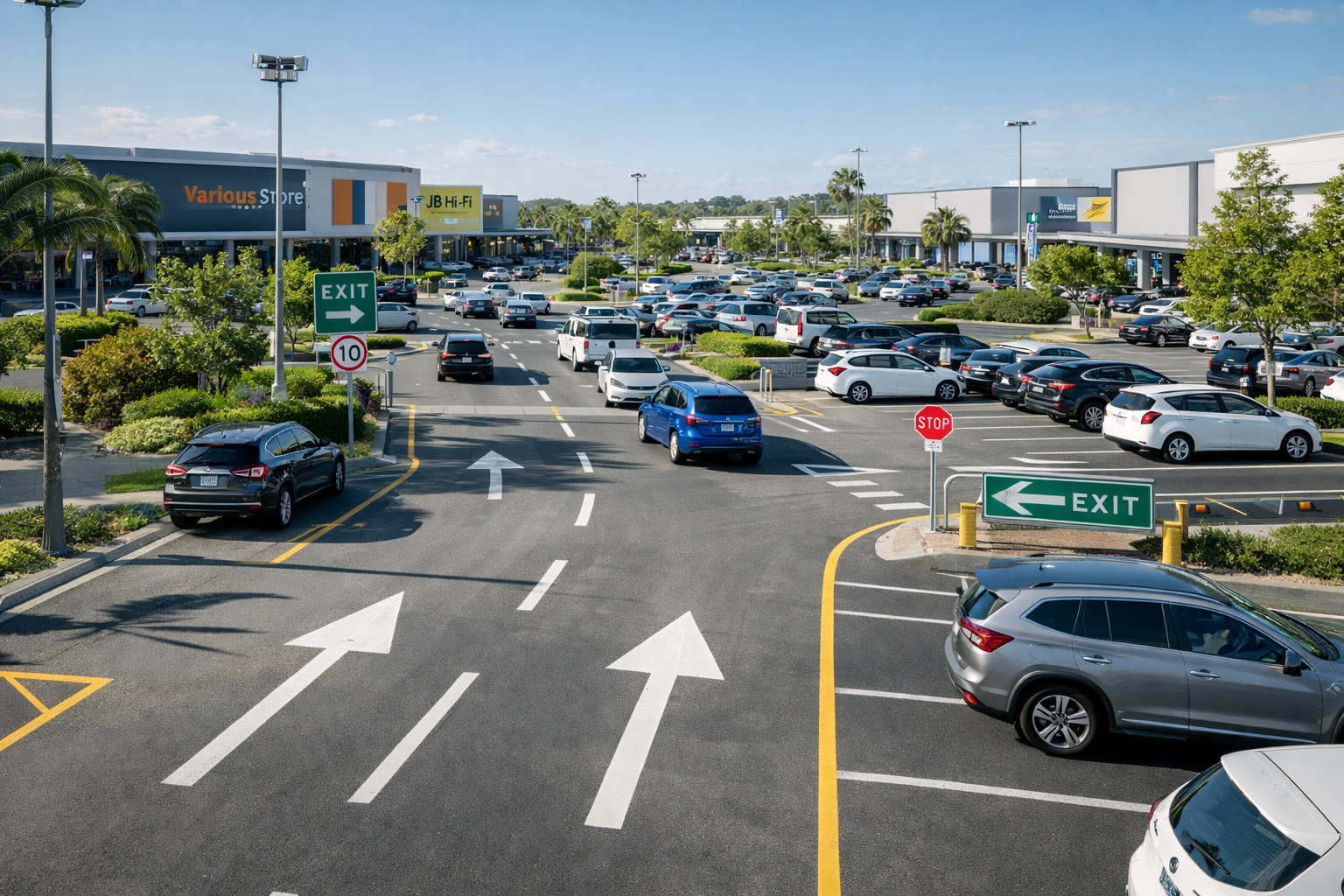 Civil Products WA Shopping mall car park with organised parking layout, clear signage, and smooth traffic flow