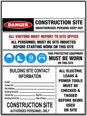 Construction Site Safety Requirements With Building Site Contact Information sign