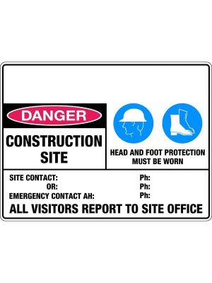 Danger Construction Site Head and Foot Protection Must Be Worn Sign